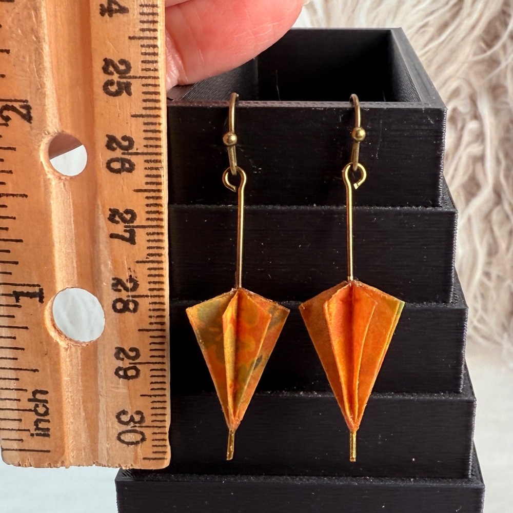 Vintage Origami Brown Orange bohemian chic pierced Earrings - Picture 6 of 7